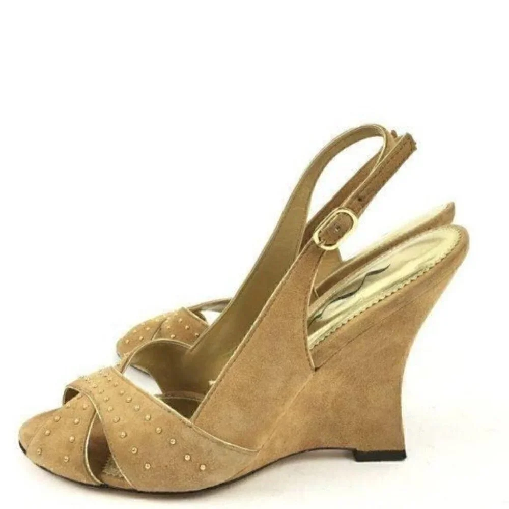 Nina Heels Size 8 38 tan Suede Studded Peep Toe Wedges